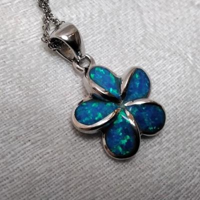 Blue Fire Opal Flower 925 16" Necklace