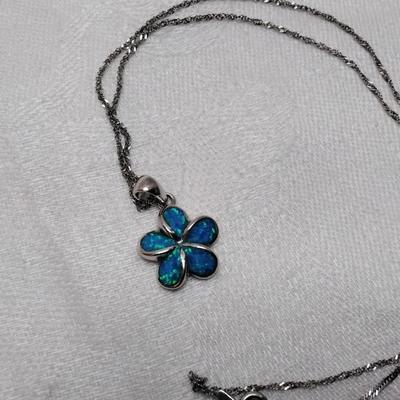 Blue Fire Opal Flower 925 16" Necklace