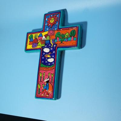 Mexican Painted Folk Art Pottery Wall Cross