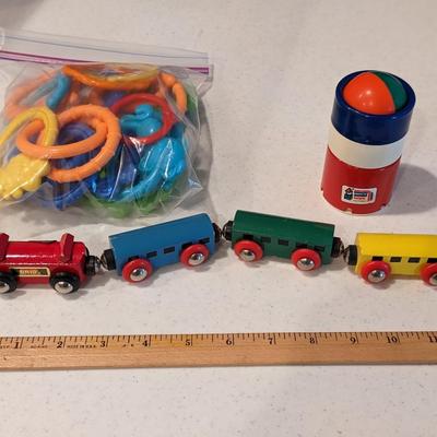 Vintage Brio Magnetic Train Cars, Ambi Rattler, Bag of Infant Teething Toys