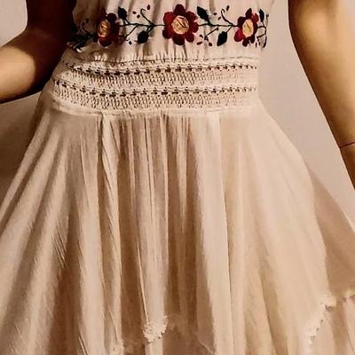 1970's Embroidered Crepe cotton Halter Dress Asymmetrical Hem/Crochet Bodice