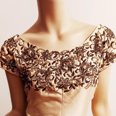 Vtg 1950's Heavy Embellished Trapeze Silk Shantung Golden Dress