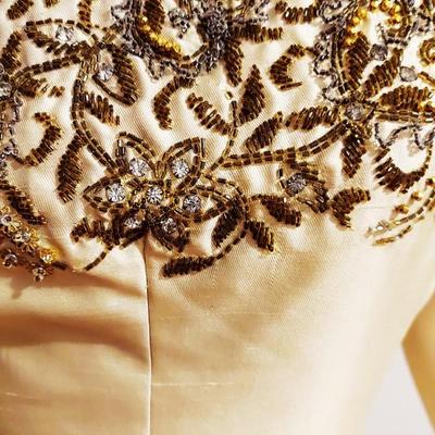Vtg 1950's Heavy Embellished Trapeze Silk Shantung Golden Dress
