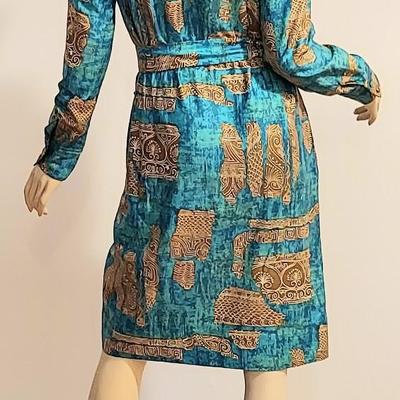 Vtg 70s Lanvin Paris dress Hyeroglyphic  Aqua design
