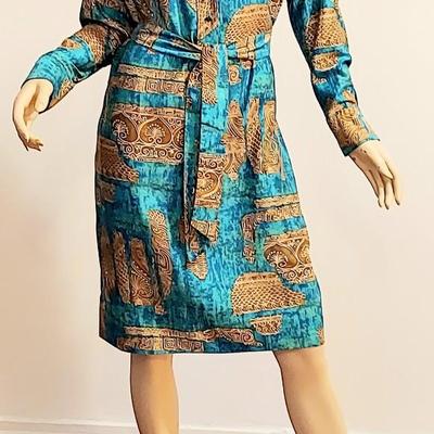 Vtg 70s Lanvin Paris dress Hyeroglyphic  Aqua design
