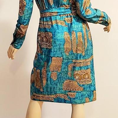 Vtg 70s Lanvin Paris dress Hyeroglyphic  Aqua design