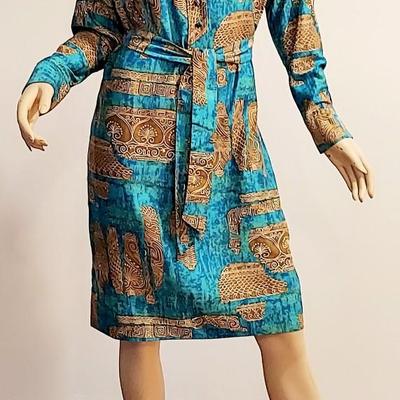 Vtg 70s Lanvin Paris dress Hyeroglyphic  Aqua design
