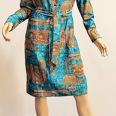 Vtg 70s Lanvin Paris dress Hyeroglyphic  Aqua design