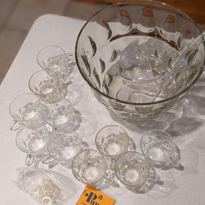 Crate and Barrel Glass Punch Bowl and Glasses