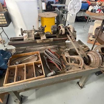 Vintage Machine Lathe on Rolling Wood cart w/accessories as shown