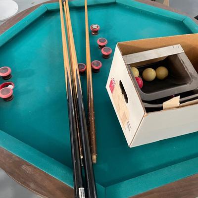 Bumper Pool Table w/Regular Table top & 4 Q Sticks + All Balls in box & Chalk - GREAT GAME TABLE
