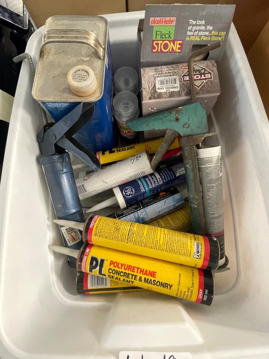 Tub full of Caulking / Caulking Guns & Paint Thinner