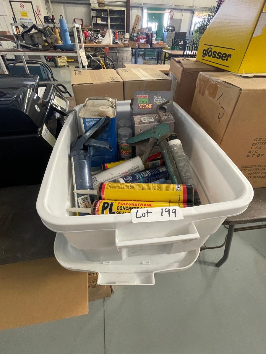 Tub full of Caulking / Caulking Guns & Paint Thinner