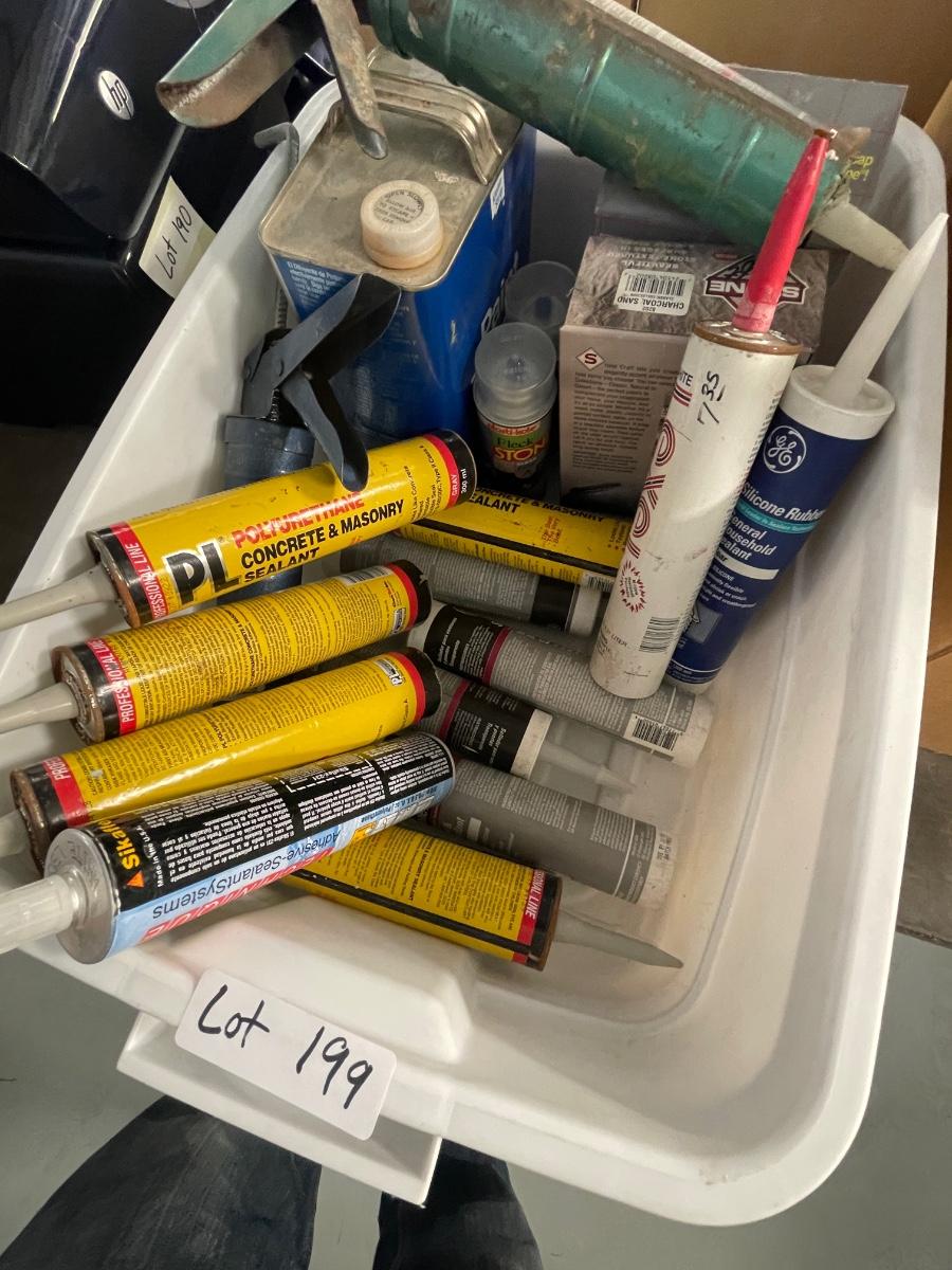 Tub full of Caulking / Caulking Guns & Paint Thinner