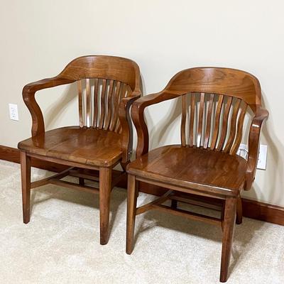 Pair (2) ~ Solid Wood Vtg. Bankers Chairs