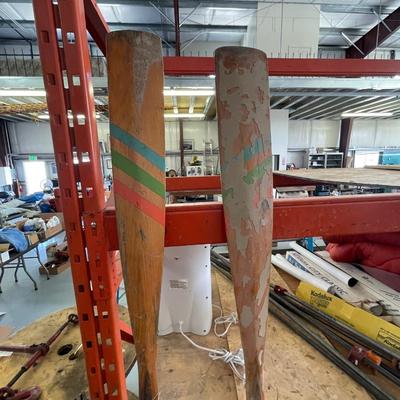 2 Long Wooden Boat Oars & 1 Paddle