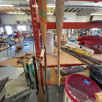 2 Long Wooden Boat Oars & 1 Paddle