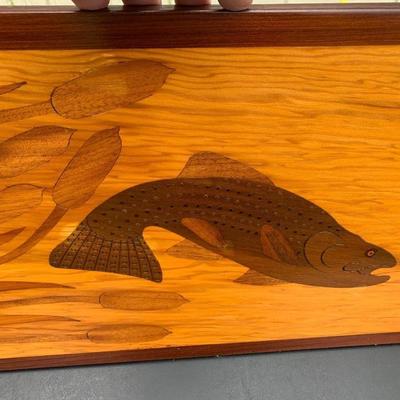 Vintage Wood Carved Art Salmon Feeding