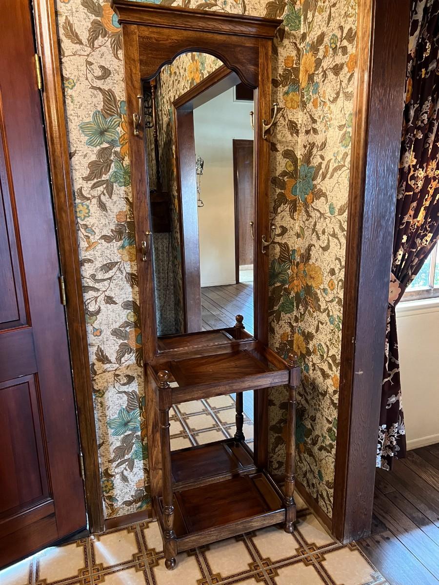 Vintage Mirrored Art Deco Dark Wood Hall Tree Hat Rack, Key Holder