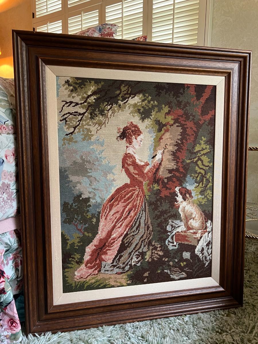 Vintage Framed Needlepoint Art Reproduction of Gobelins Lady in the