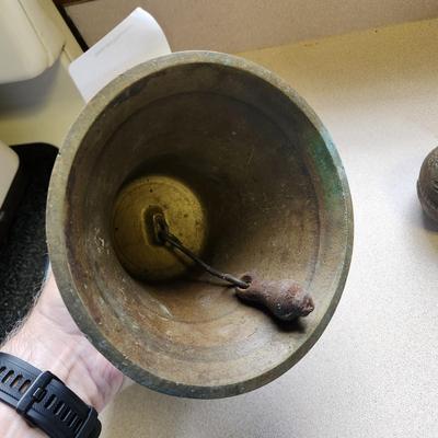 Mixed lot of 4 Brass Pcs 2 Bells , Oil Lamp, Mortar & Pestle