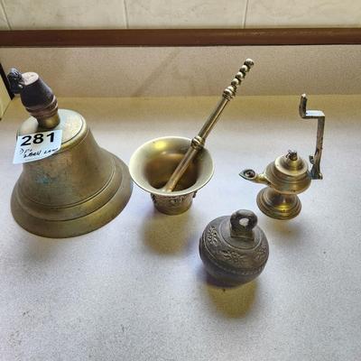 Mixed lot of 4 Brass Pcs 2 Bells , Oil Lamp, Mortar & Pestle