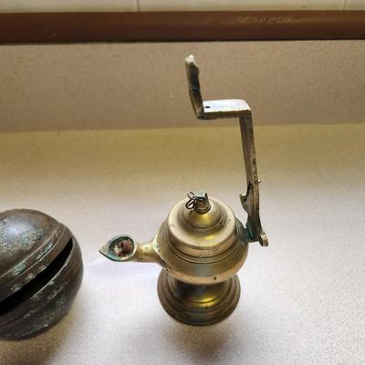 Mixed lot of 4 Brass Pcs 2 Bells , Oil Lamp, Mortar & Pestle