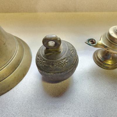 Mixed lot of 4 Brass Pcs 2 Bells , Oil Lamp, Mortar & Pestle