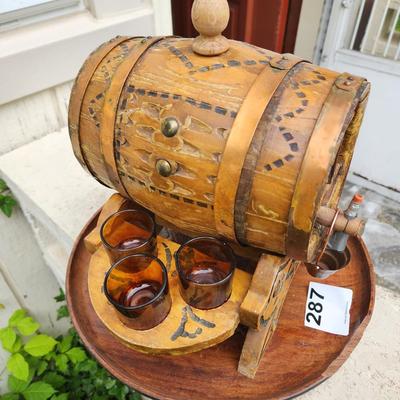 Vintage  Hand Carved Wine Barrel w Shot Glasses  Bar Decor
