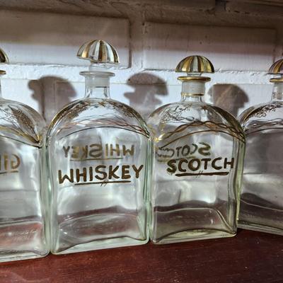5 Glass Liquor Bottles Jerez Spain  Decanters Brandy Gin Whiskey Scotch