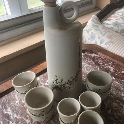 Vintage Signed Embossed Pottery/Stoneware Decanter Set (Cork Lid) -Lot 216