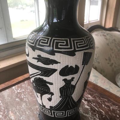 Black & White Greek Key Accented Vase w/ Vintage Wooden Stand -Lot 212