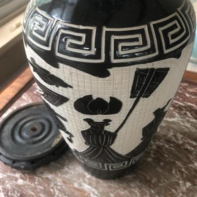 Black & White Greek Key Accented Vase w/ Vintage Wooden Stand -Lot 212