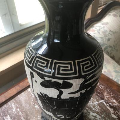 Black & White Greek Key Accented Vase w/ Vintage Wooden Stand -Lot 212