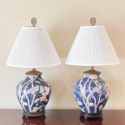 Pair (2) ~ Asian Inspired Floral Ceramic Table Lamps