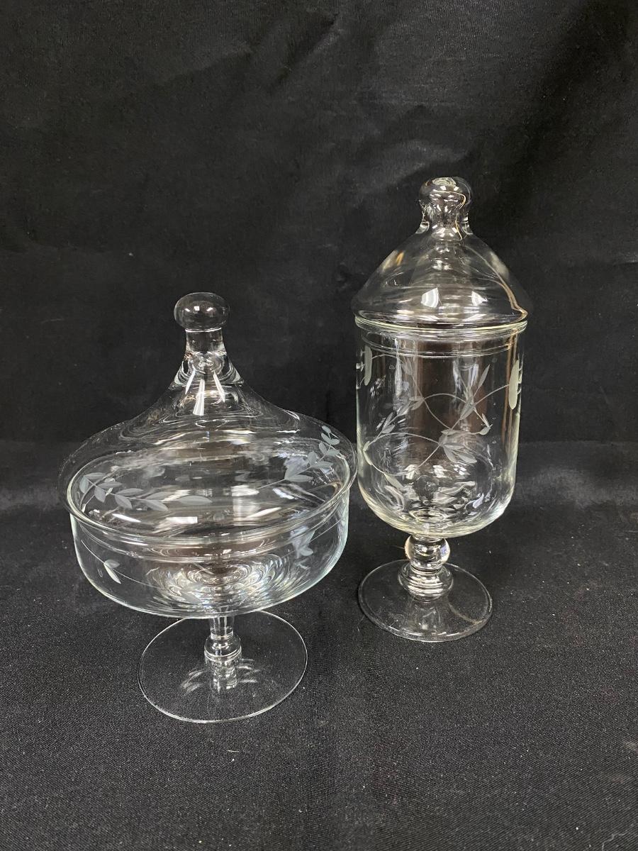 Pair of Vintage Etched Crystal Princess House Apothecary Style Pedestal