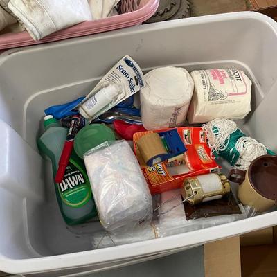 Lot of Misc. Household in Tub - Dawn dishsoap, TP, travel mug, etc.