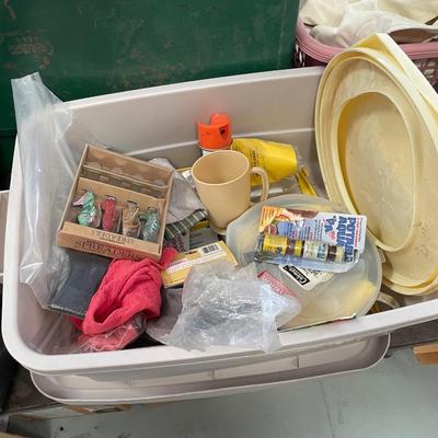 Lot of Misc. Tub of  Household/Camping/Prep Goods - Bug Spray / Camping Toilet Seat, etc. Good storage tub w/lid