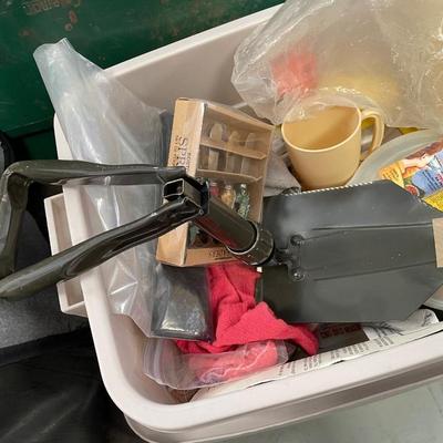 Lot of Misc. Tub of  Household/Camping/Prep Goods - Bug Spray / Camping Toilet Seat, etc. Good storage tub w/lid