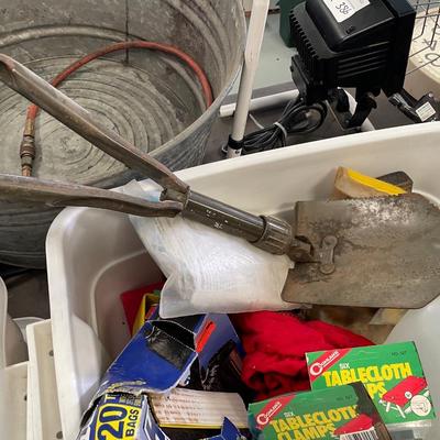 Misc. Tub of Household/Camping Goods - Folding Shovel/trash bags/Good Tub w/lid