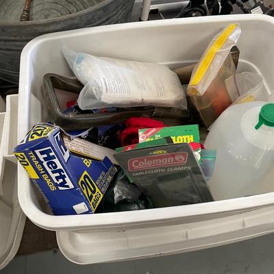Misc. Tub of Household/Camping Goods - Folding Shovel/trash bags/Good Tub w/lid