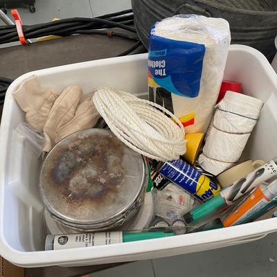 Misc. Tub of Household/Camping Supplies - Papertowels, gloves, WD-40, rope Good Tub w/Lid