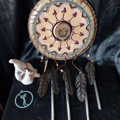 METAL NATIVE AMERICAN WINDCHIME AND COYOTE FIGURINE