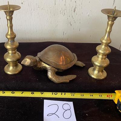 Vintage Brass Turtle and Candle Holders