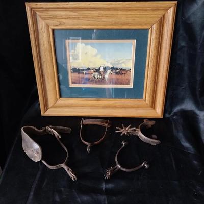 VINTAGE SPURS AND FRAMED WESTERN ARTWORK "STORM CLOUDS ARE BUILDING"