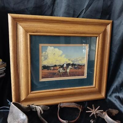 VINTAGE SPURS AND FRAMED WESTERN ARTWORK "STORM CLOUDS ARE BUILDING"