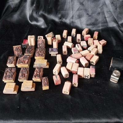 VINTAGE WOODEN INK STAMPS AND HOLE PUNCH