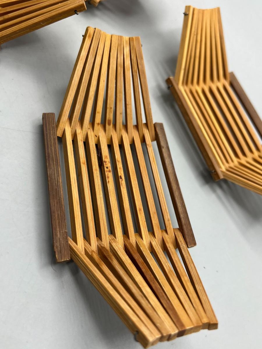 Lot of 4 Mini Bamboo Wood Chopstick Folding Baskets Asian Dish Servers