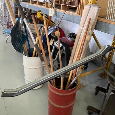 2 Metal Drums with outdoor Tools/Squeegies/extension poles/Snow Shovel