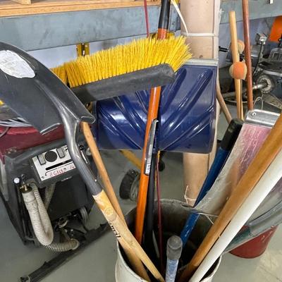 2 Metal Drums with outdoor Tools/Squeegies/extension poles/Snow Shovel